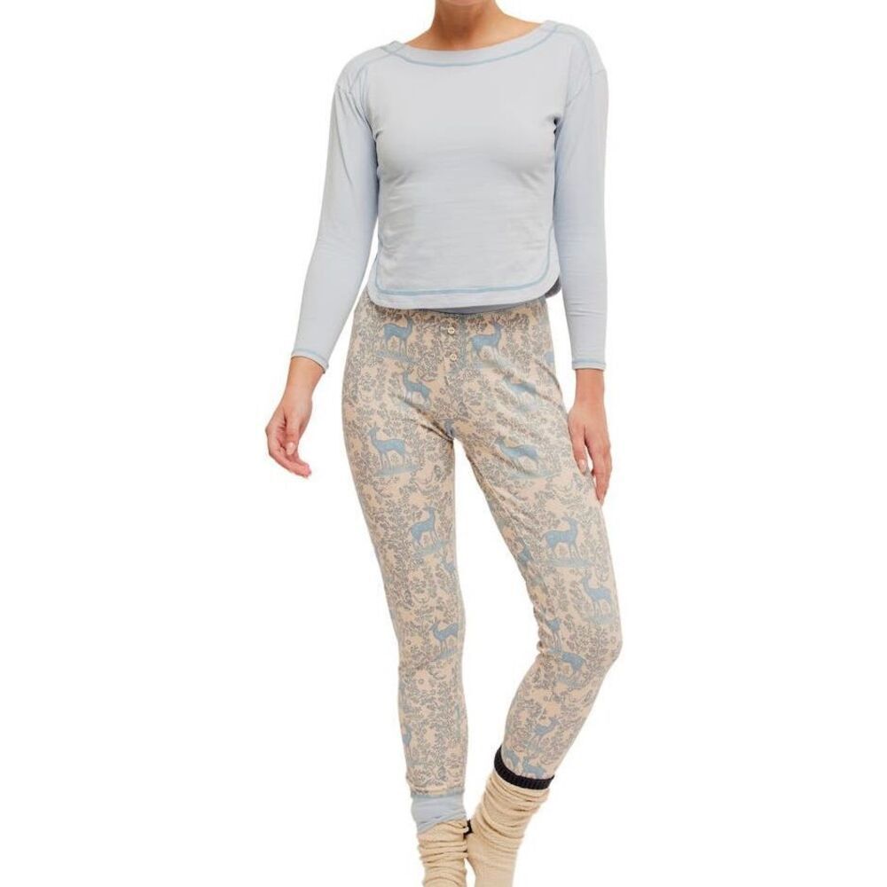Free People Chill Evening Fairisle Pajamas Pants size S‎ Cream Blue